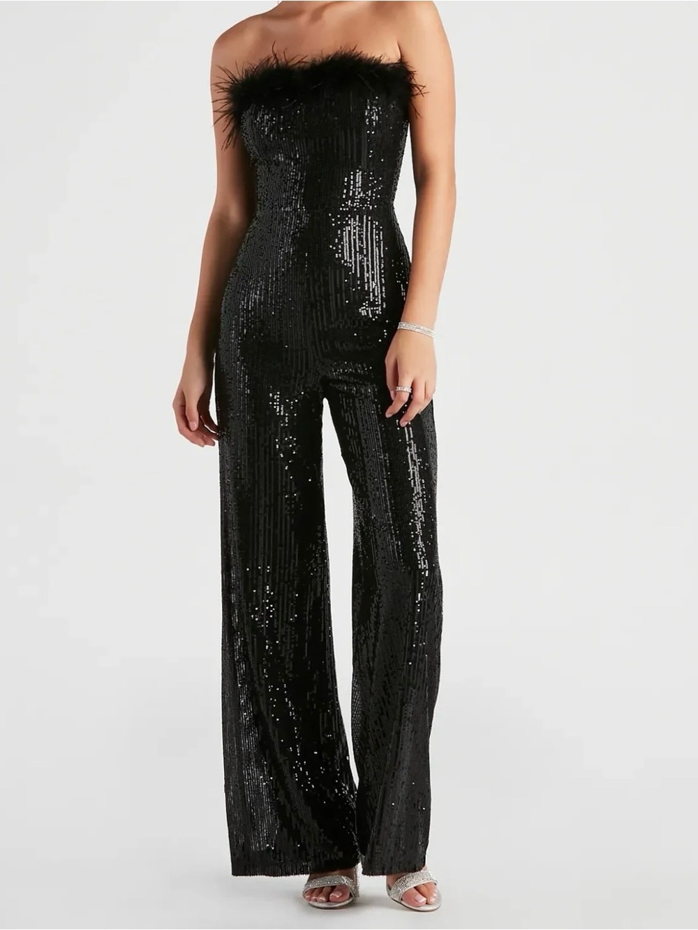 Windsor Always Fabulous Feather-Trim Sequin Jumpsuit